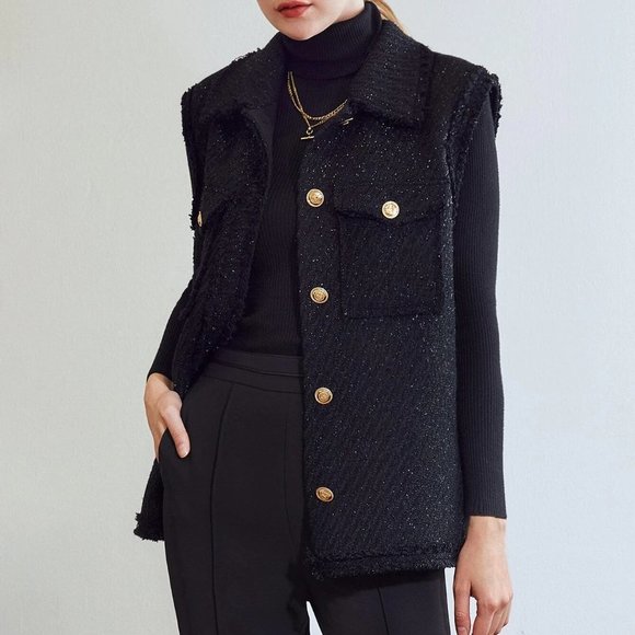 BLACK TRENDY WOMENS WOOL-MIX TWEED GLITTER OVERCOAT - Picture 3 of 5